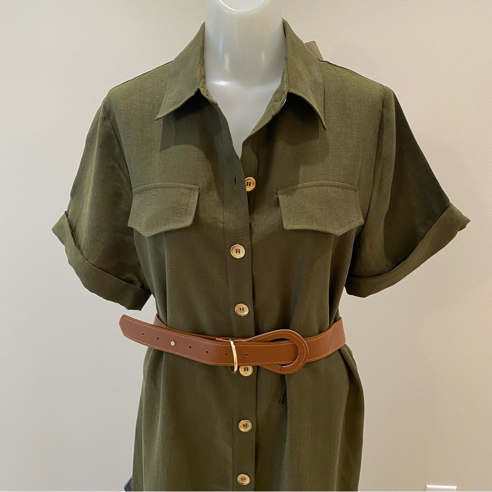 Zara NWT Olive Green Button-Up Shirt Dress with belt size Medium - Picture 8 of 9